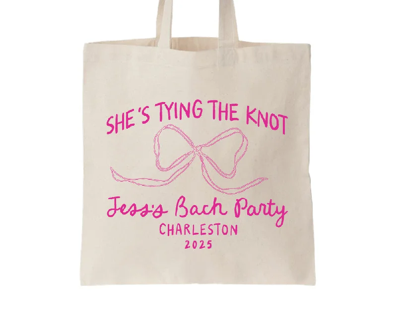 Limited Time Offer She's Tying The Knot Bow Bachelorette Party Tote Bags Timeless Handbags At Reduced Prices
