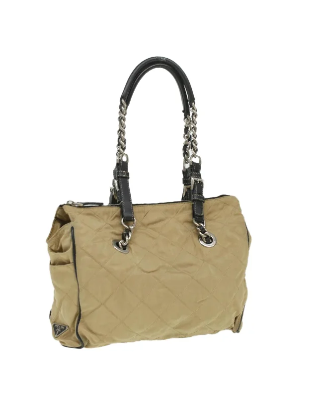 Bags For College Students On A Budget PRADA Chain Tote Bag Beige Nylon Leather Shoulder Bag Best Deals On Premium Handbags