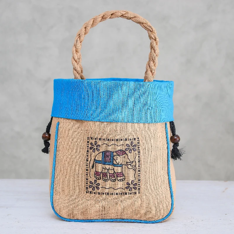 Elephant Caper in Blue 100% Cotton Tan and Blue Elephant Motif Cinch-Top Handbag