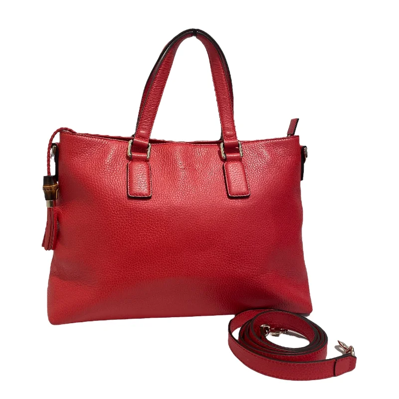 GUCCI/LEATHER BAMBOO TOTE W/ STRAP/Tote Bag[PO]/Red/Leather/