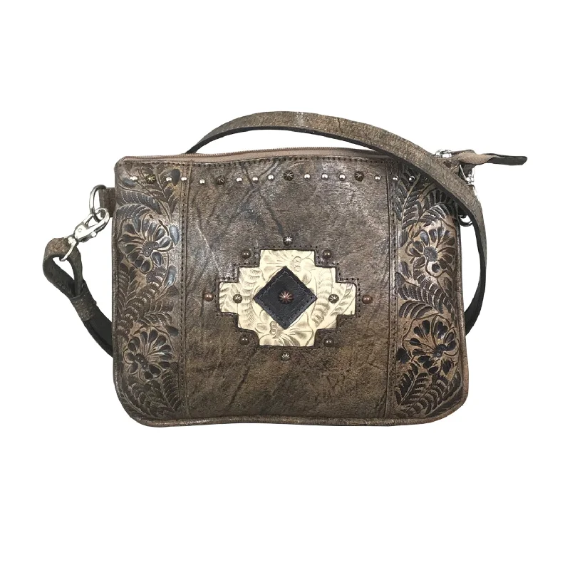 American West Womens Navajo Soul Zip Top Distressed Brown Leather Crossbody Bag