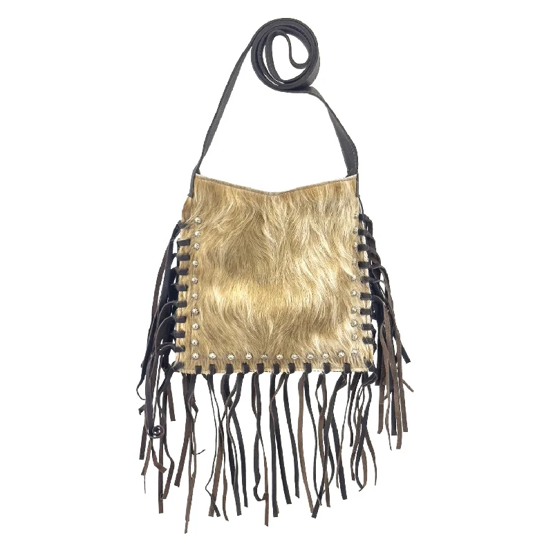 American West Womens Fringed Cowgirl 10in Tan Hair-On Leather Crossbody Bag