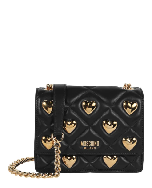 Moschino Womens Heart Studs Quilted Crossbody Bag