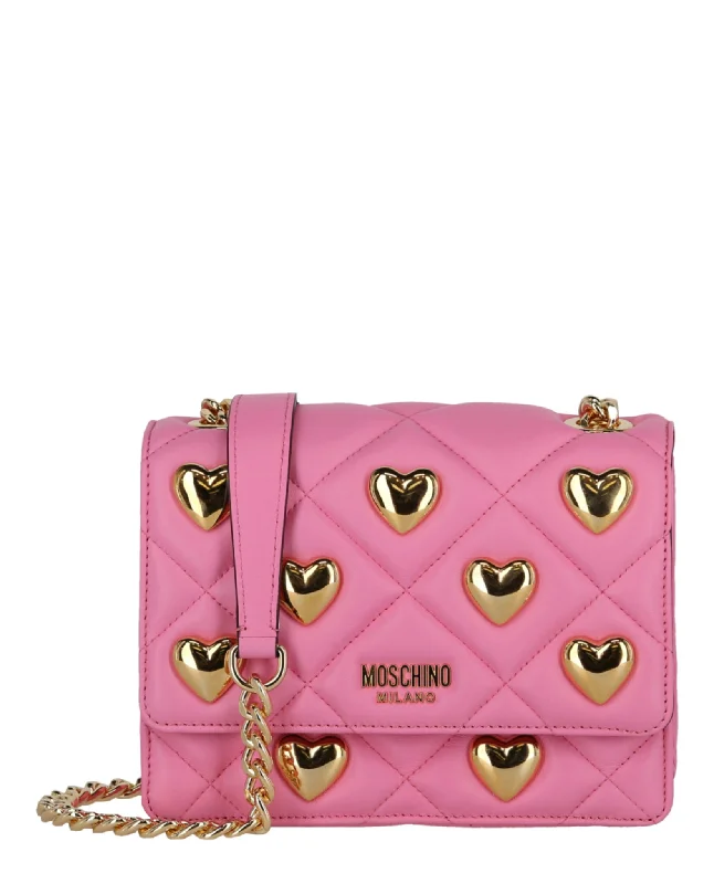 Moschino Womens Heart Studs Quilted Crossbody Bag