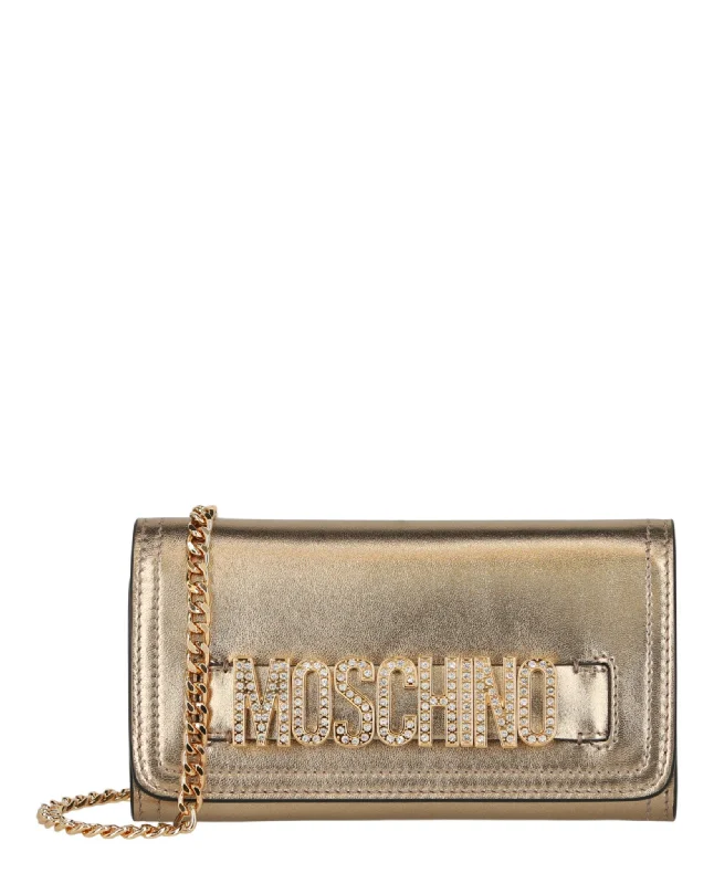 Moschino Womens Metallic Crystal-Embellished Belt Logo Lettering Crossbody Bag