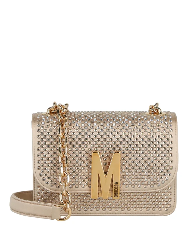 Moschino Womens Crystal Logo Crossbody Bag