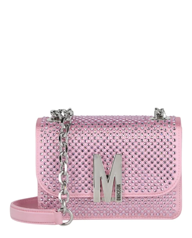 Moschino Womens Crystal Logo Crossbody Bag