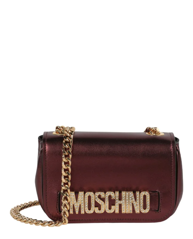 Moschino Womens Metallic Leather Crystal-Embellished Logo Crossbody Bag