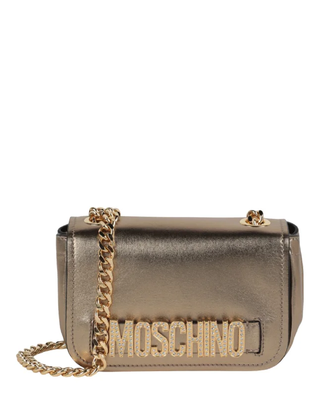 Moschino Womens Metallic Leather Crystal-Embellished Logo Crossbody Bag