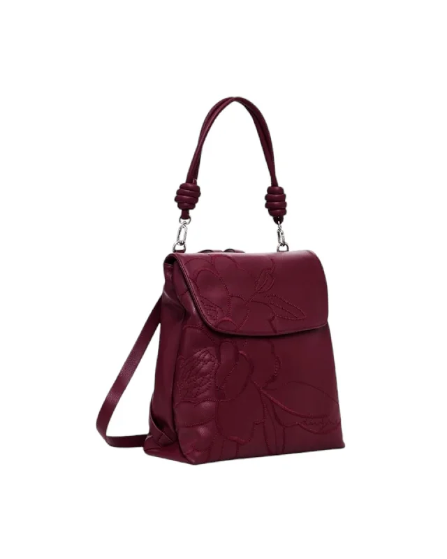 Desigual  Womens Floral Embroidered Leather Backpack Burgundy