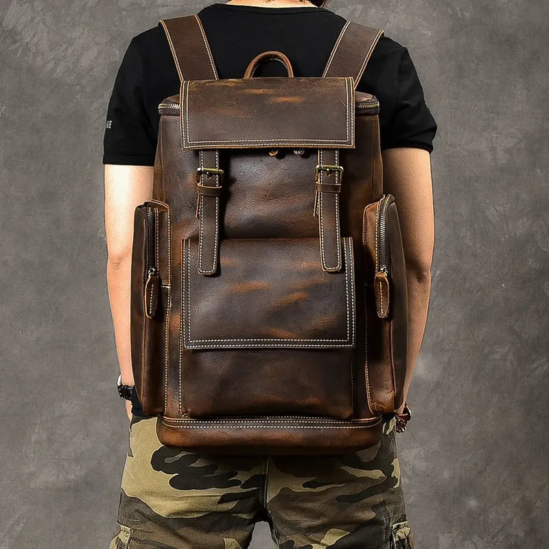 Vintage Crazy Horse Genuine Leather Backpack Men Leather Bagpack Climbing Rucksack male Large Hiking Backpack M814