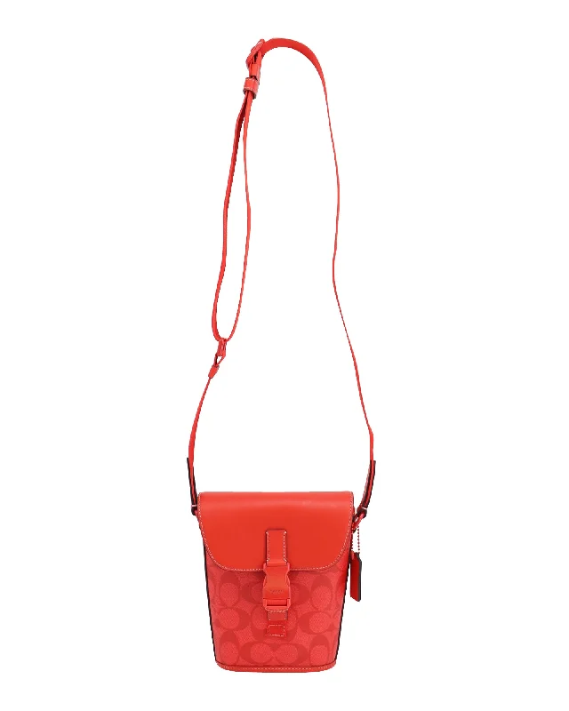 Coach Track Small Flap Crossbody Bag in Red Canvas and Calfskin Leather