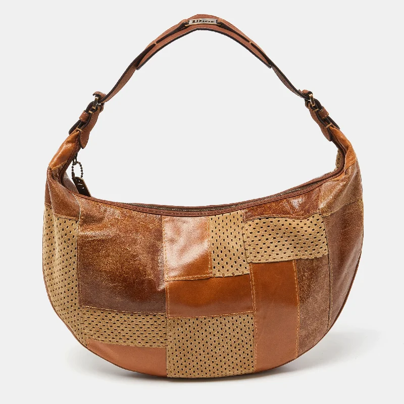 Dior Perforated Suede And Leather Patchwork Hobo