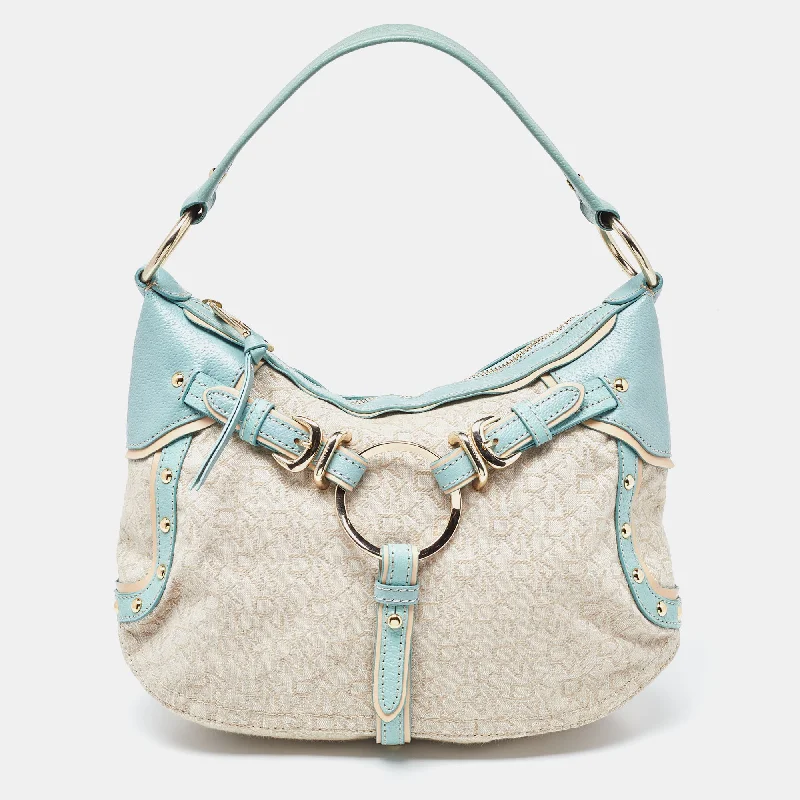 Dkny Cream/blue Monogram Canvas And Leather Buckle Hobo