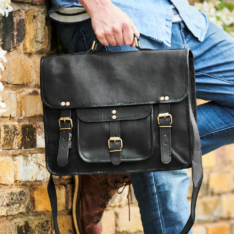 Black Leather Satchel Laptop Bag