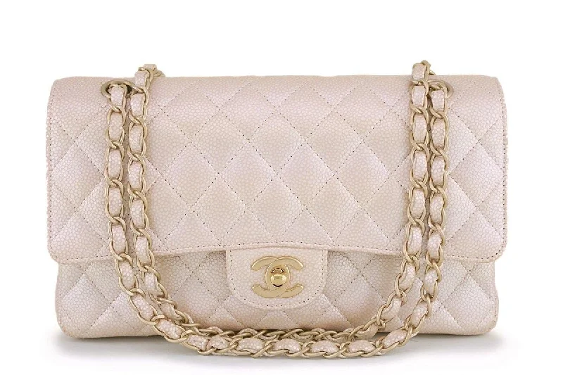 12P Chanel Pearl Beige-White Caviar Medium Classic Double Flap Bag GHW