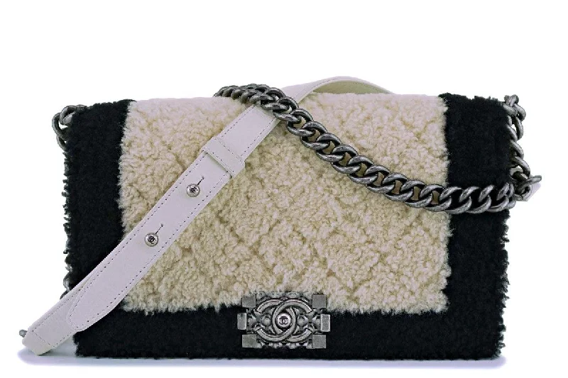 15A Chanel Medium Black/Cream Shearling Classic Boy Flap Bag RHW