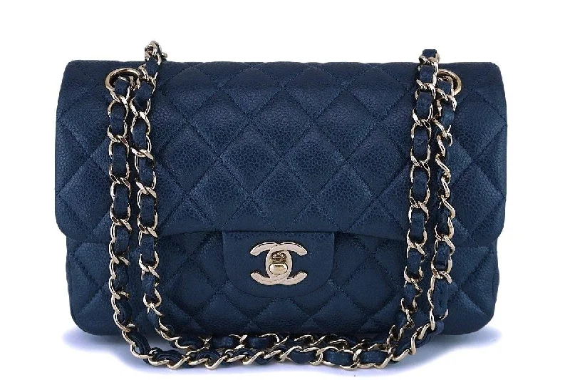 18S Chanel Caviar Iridescent Blue Small Classic Double Flap Bag GHW