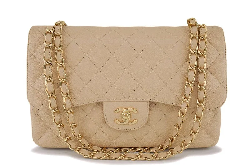 Chanel Beige Clair Caviar Jumbo Classic Double Flap Bag GHW