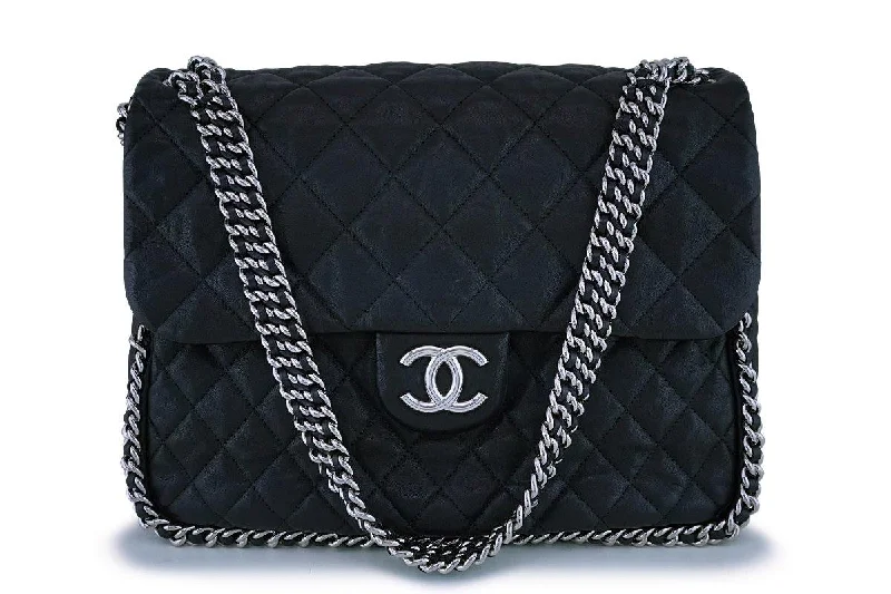 Chanel Black Calfskin Maxi Jumbo XL Luxe Chain Around Flap Bag SHW