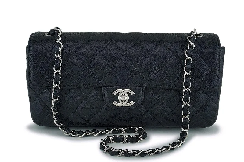 Chanel Black Caviar East West Medium Classic Clutch Flap Bag SHW