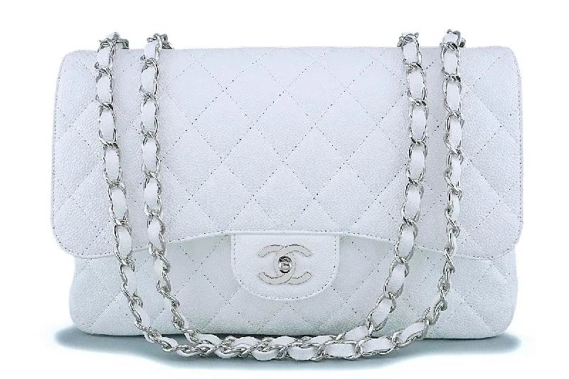 Chanel White Caviar Jumbo Classic Flap Bag SHW