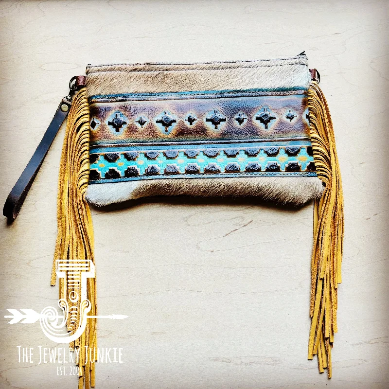Urban Style Promotions **Hair on Hide Handbag w/ Blue Navajo Accent & Mustard Fringe 513s Handbag Deals You'll Love