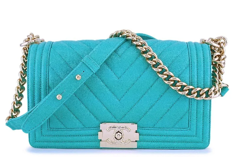 NIB 19S Chanel Green Caviar Chevron Classic Medium Boy Flap Bag GHW