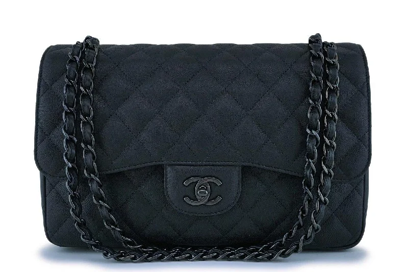 Rare Chanel So Black Crumpled Calf Jumbo Classic Double Flap Bag