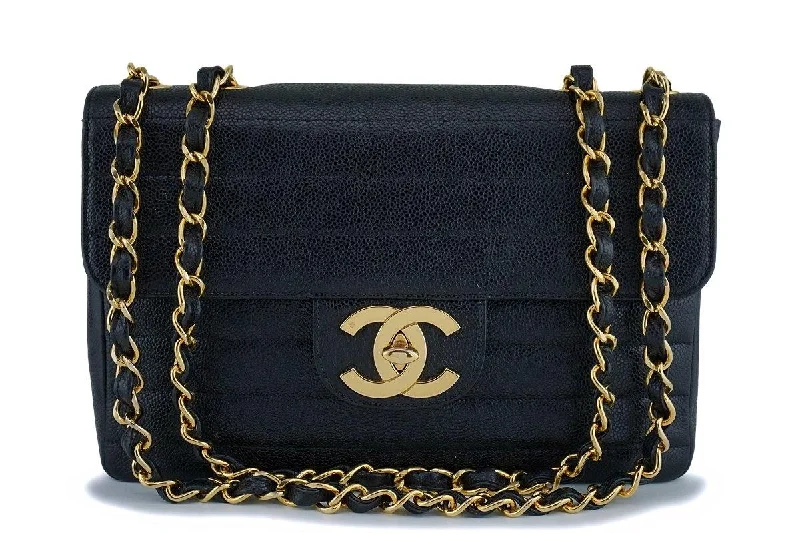 Rare Chanel Vintage Black Caviar Horizontal Jumbo Classic Flap Bag 24k GHW