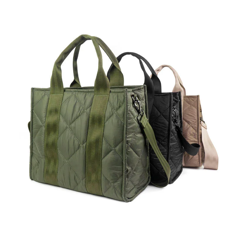 Quilted Puffer Tote With Crossbody Strap - Black, Olive or Tan